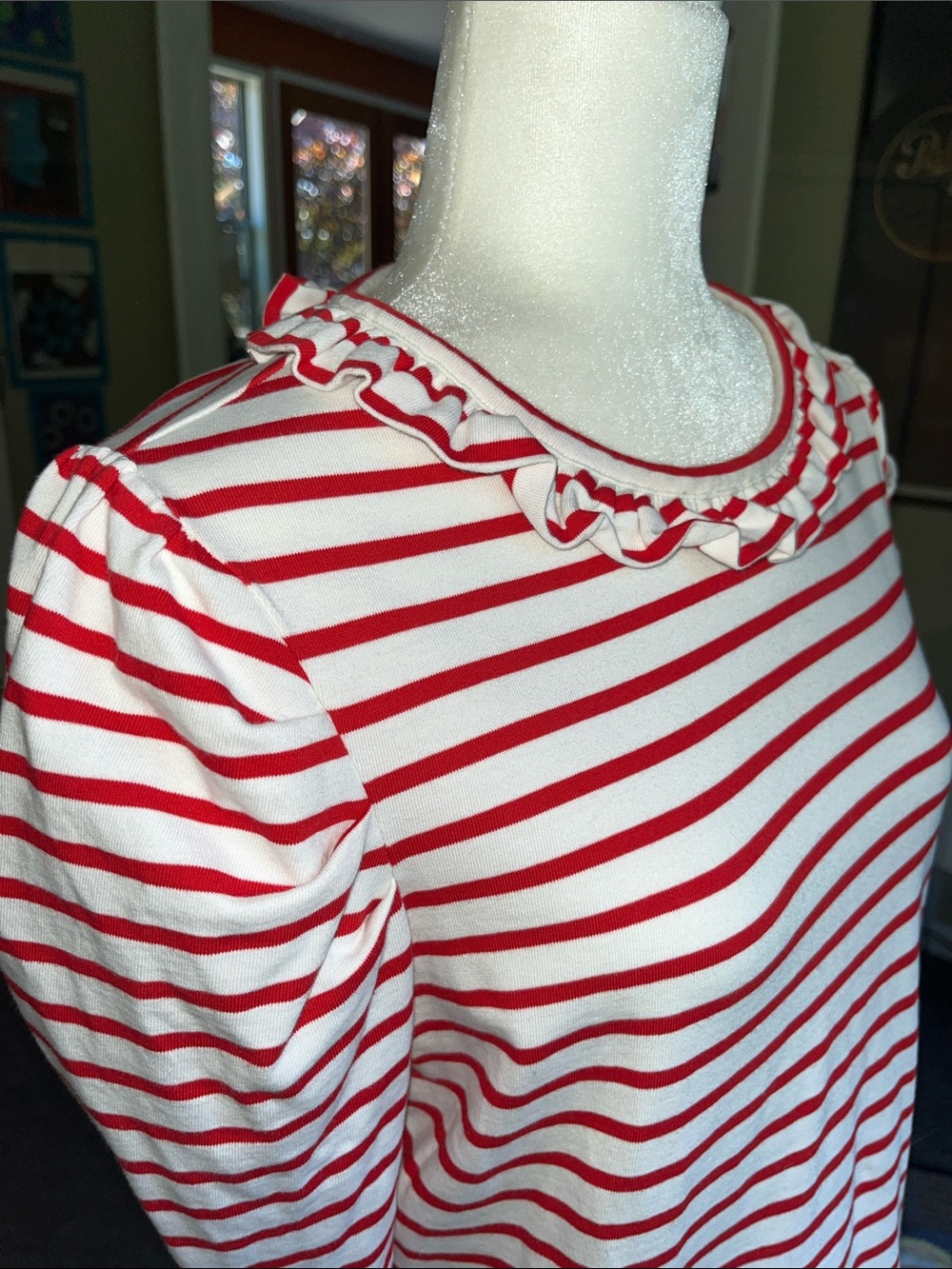 ⚓️Boden Red & White Striped Ruffle Neck Short Sleeve Tee Hvywt knit cotton sz 12